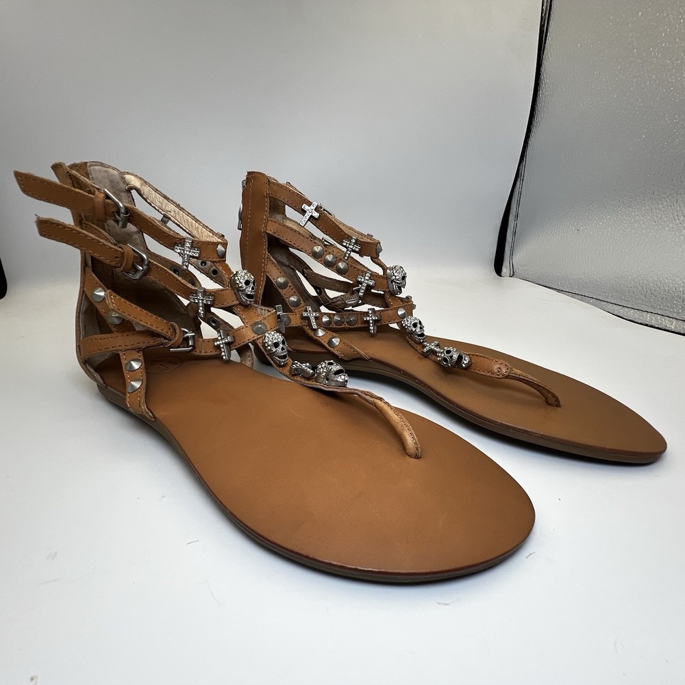 Ash Studded Skull Cross Gladiator Brown Leather Sandals Womens Size 38 EU 7 US